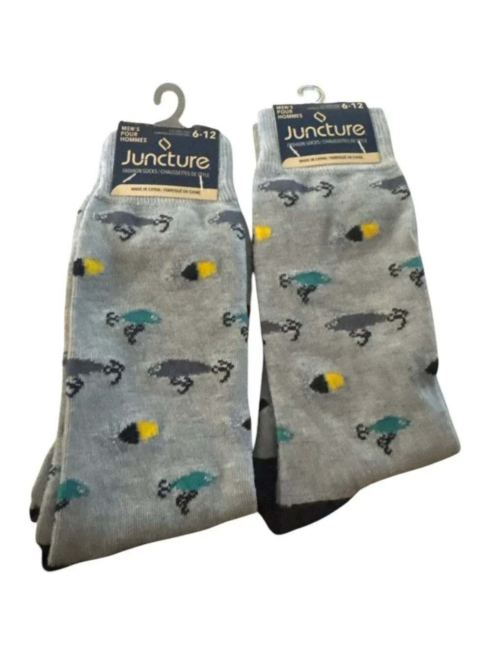 Juncture Men Crew Dress Socks Fishing Lure Multicolor 2 Pair Shoe Size 6-12